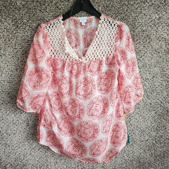 Calypso St Barth for Target Top Womens Small Silk Pink Crochet V Neck Semi Sheer - Picture 1 of 7